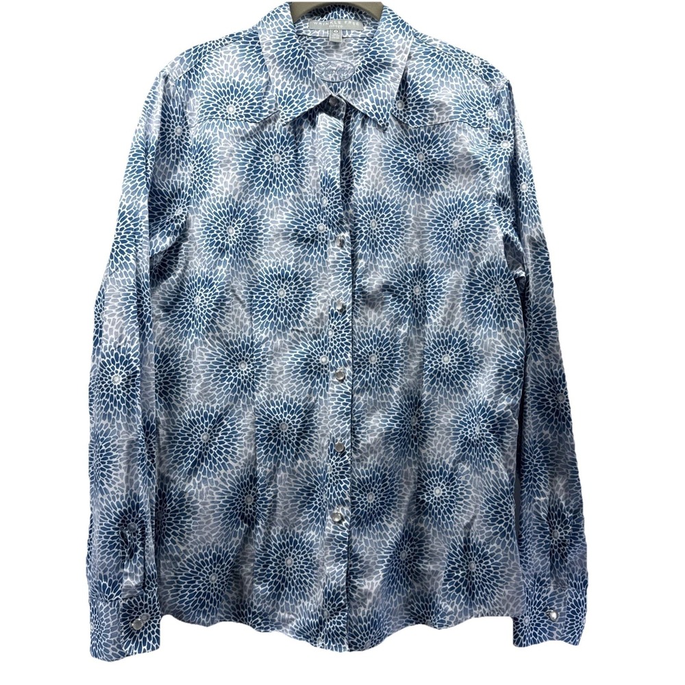 Foxcroft Women's Top Blouse‎ Sz 14 Blue White Pearl Button Up Long Sleeve Cotton
